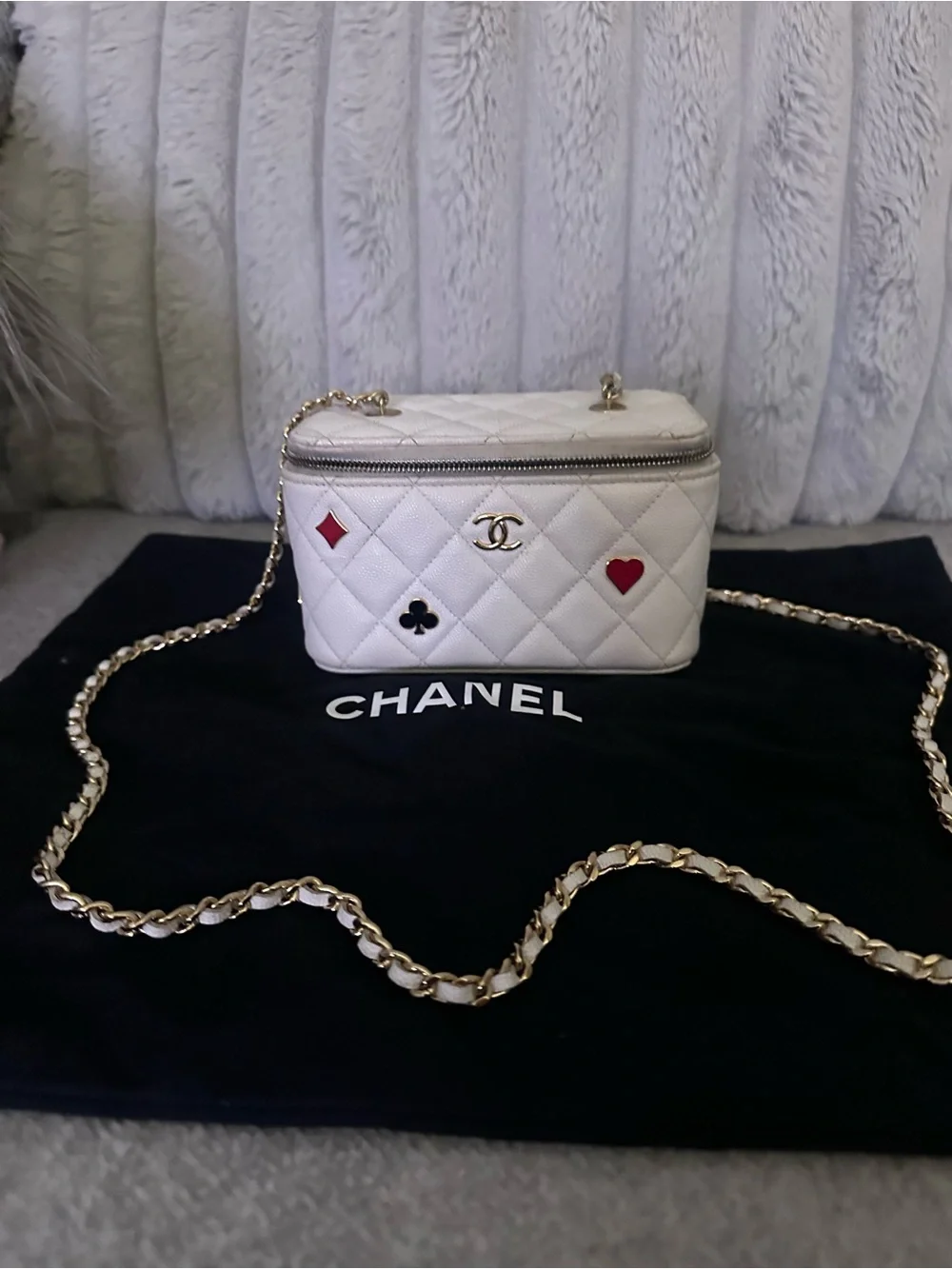 CHANEL White Quilted Vanity Bag with Gold Chain and Playing Card Motifs